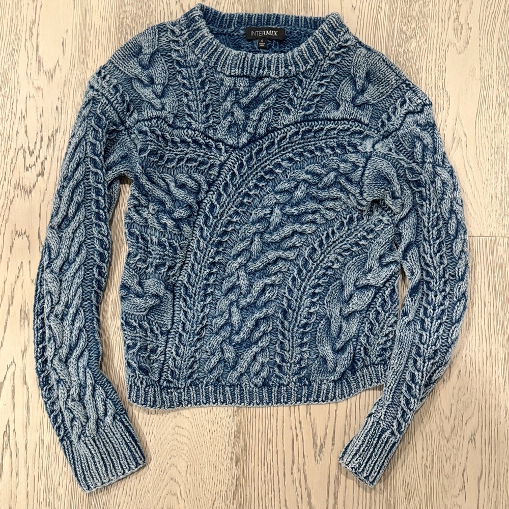 INTERMIX Textured Blue Cable Knit Sweater